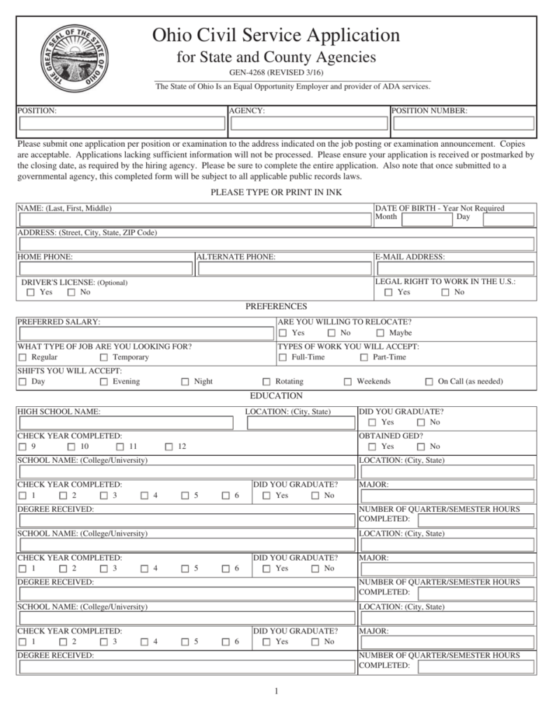 Ohio Civil Service Application Form Civil Form