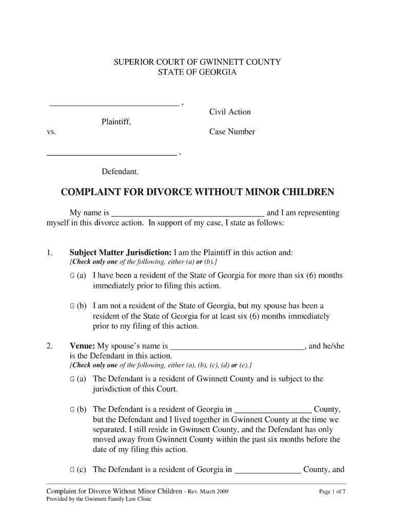 2009 Form GA Complaint For Divorce Without Minor Children Fill Online