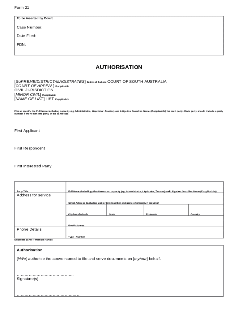 21 Authorisation Courts sa gov au Doc Template PdfFiller