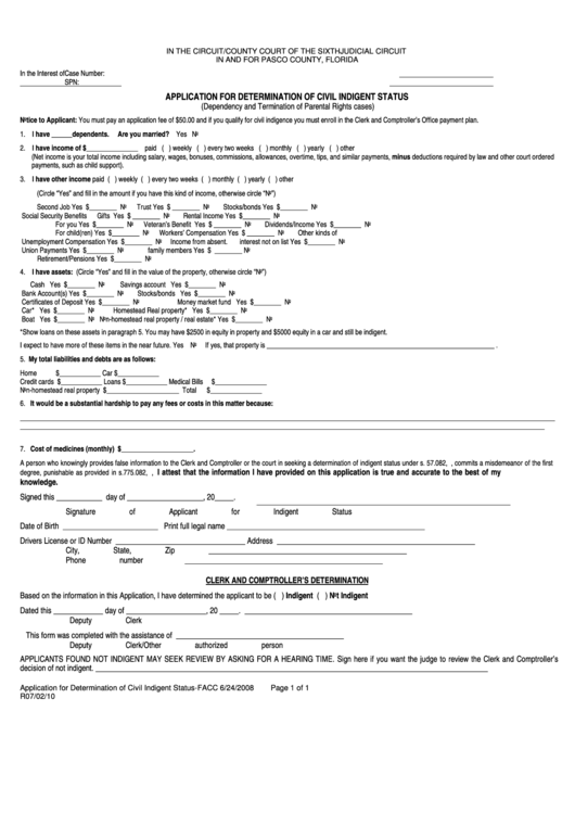 Application For Determination Of Civil Indigent Status Form Florida 