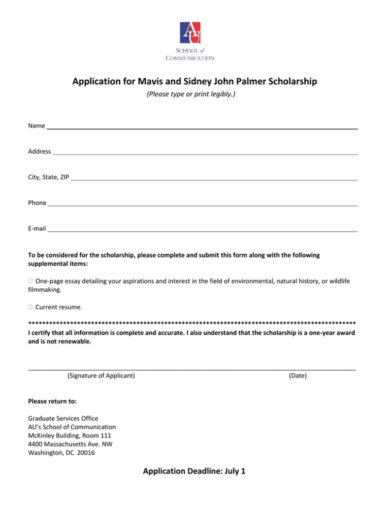 Application For Mavis And Sidney John Palmer Scholarship