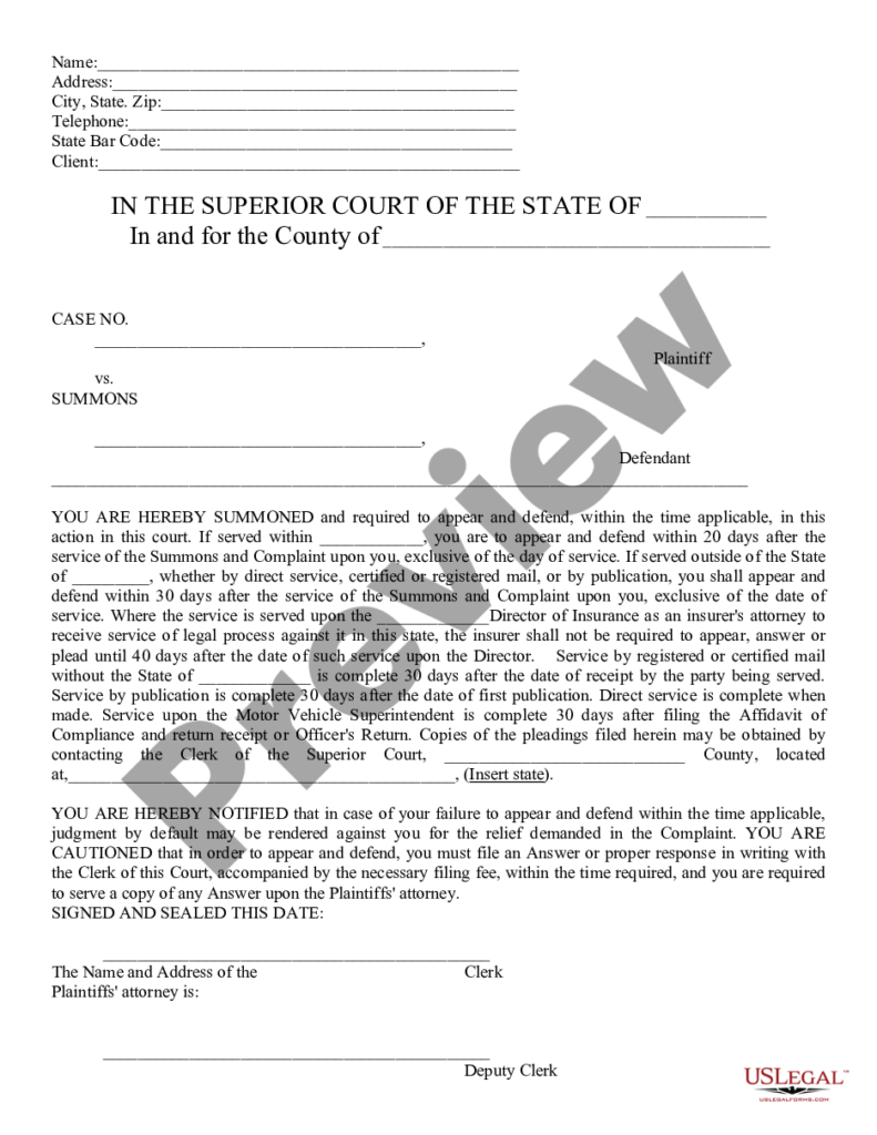 Arizona Summons Civil Suit US Legal Forms