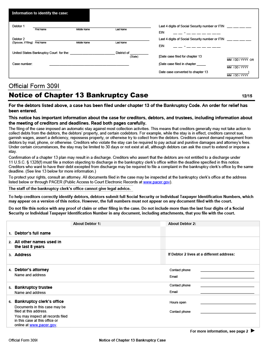 B 309I Notice Of Chapter 13 Bankruptcy Case WikiForm