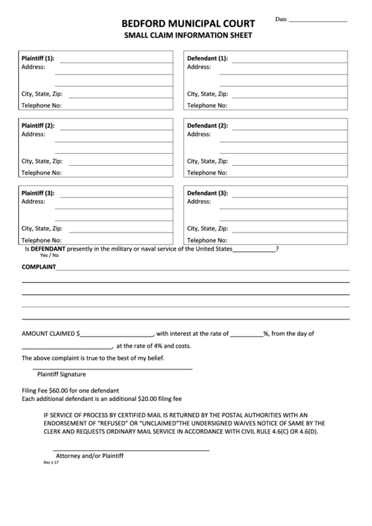 Bedford Municipal Court Small Claim Information Sheet Printable Pdf Civil Form 2023 4478