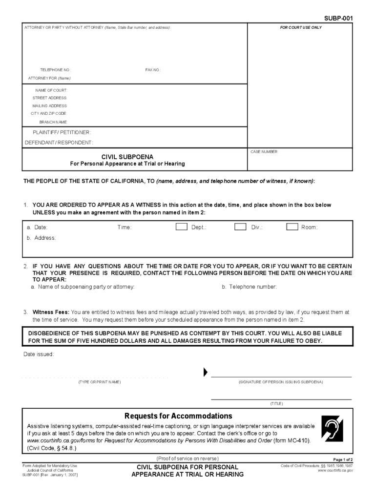 California Court Subpoena 11 Free Templates In PDF Word Excel Download