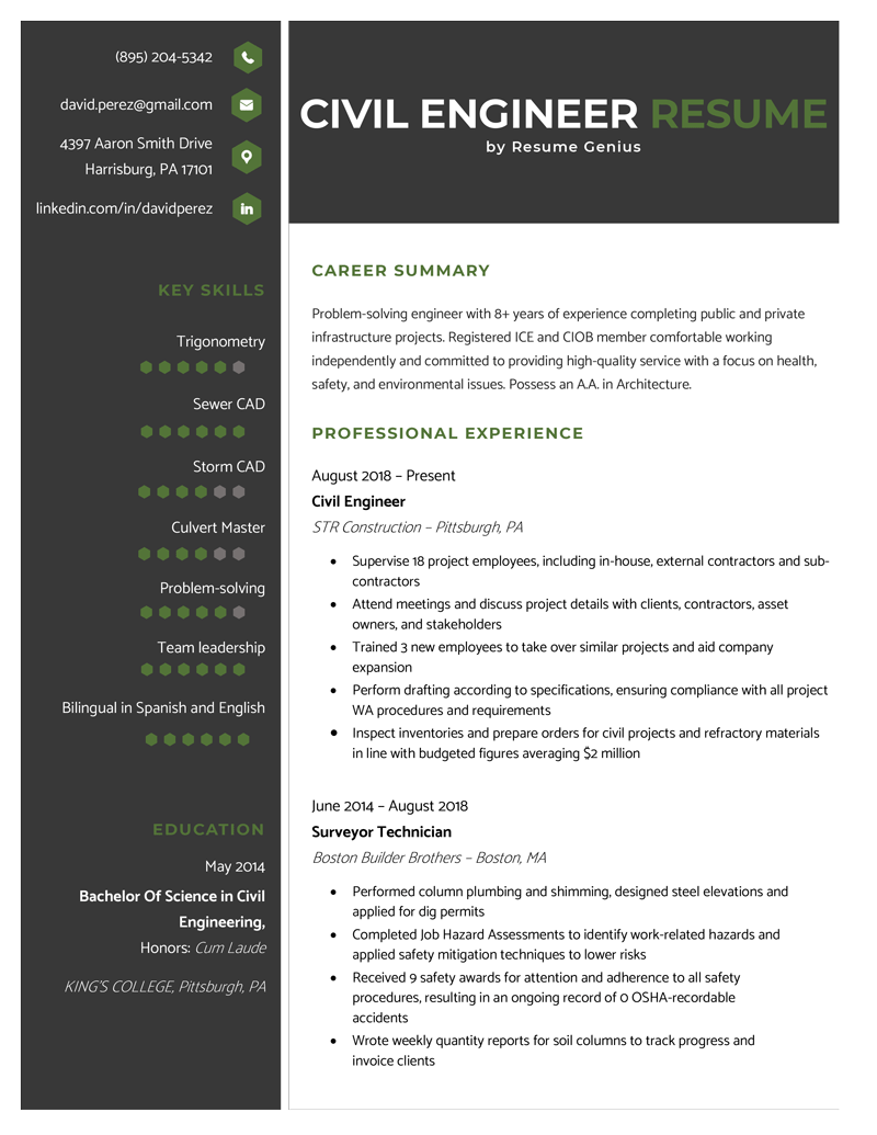 Civil Engineer Resume Example Writing Tips Resume Genius