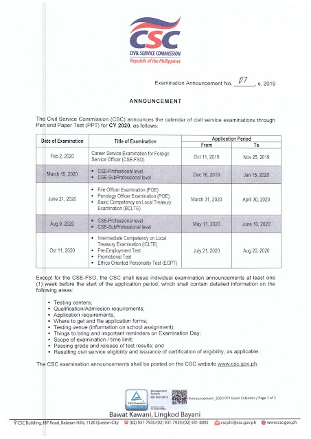 Civil Service Exam PH 2020 Calendar Of Civil Service Written Examinations