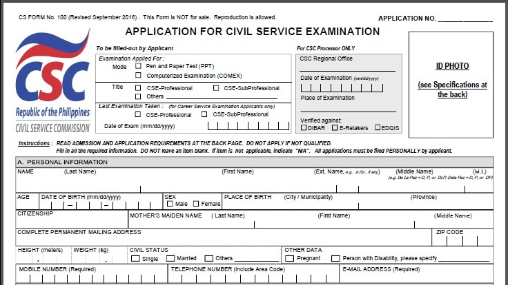 Civil Service Exam PH Civil Service Application Form CS Form No 100 