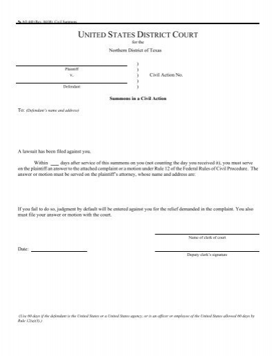 Civil Summons US District Court Northern District Of Texas