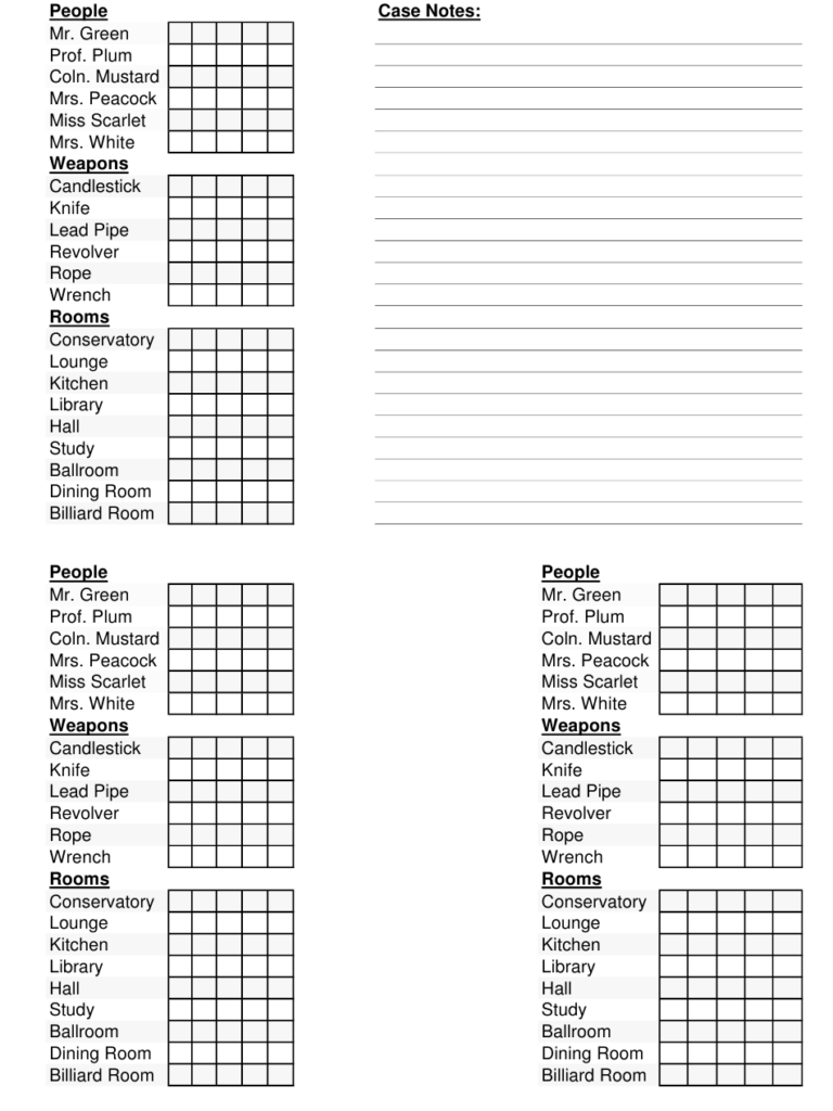 Clue Game Sheet With Case Notes Download Printable PDF Templateroller