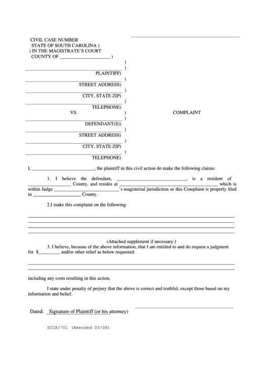 Complaint Magistrate S Court State Of South Carolina Printable Pdf 