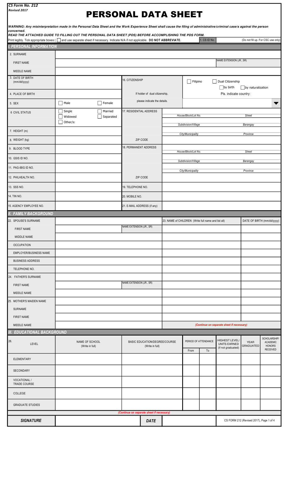 CS Form 212 Download Printable PDF Or Fill Online Personal Data Sheet