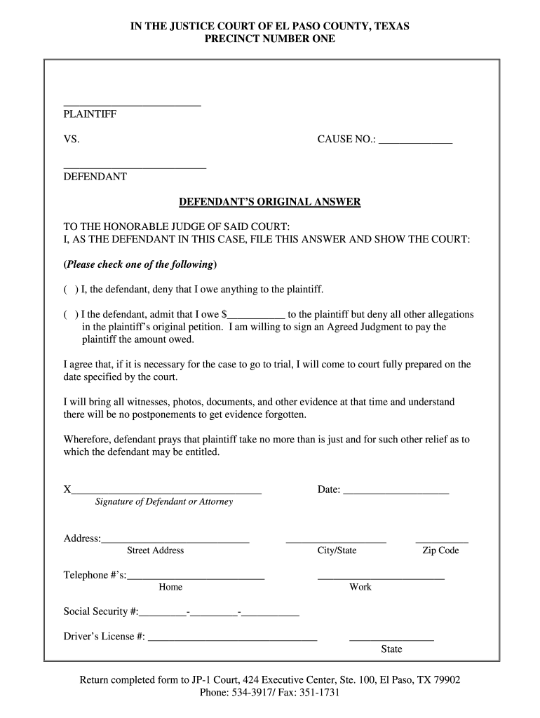 Defendant Answer Form Texas Fill Online Printable Fillable Blank 