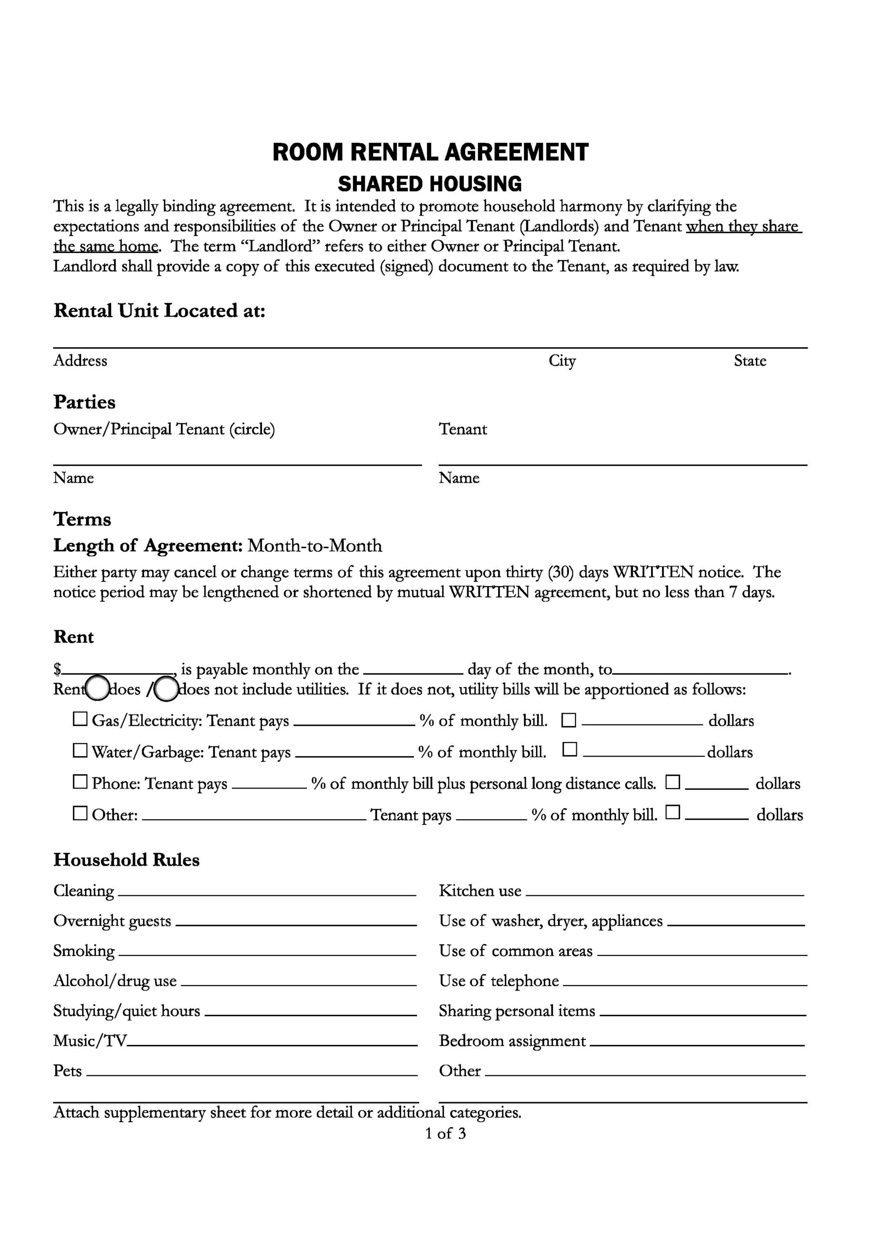 Download Free California Room Rental Agreement Printable Lease