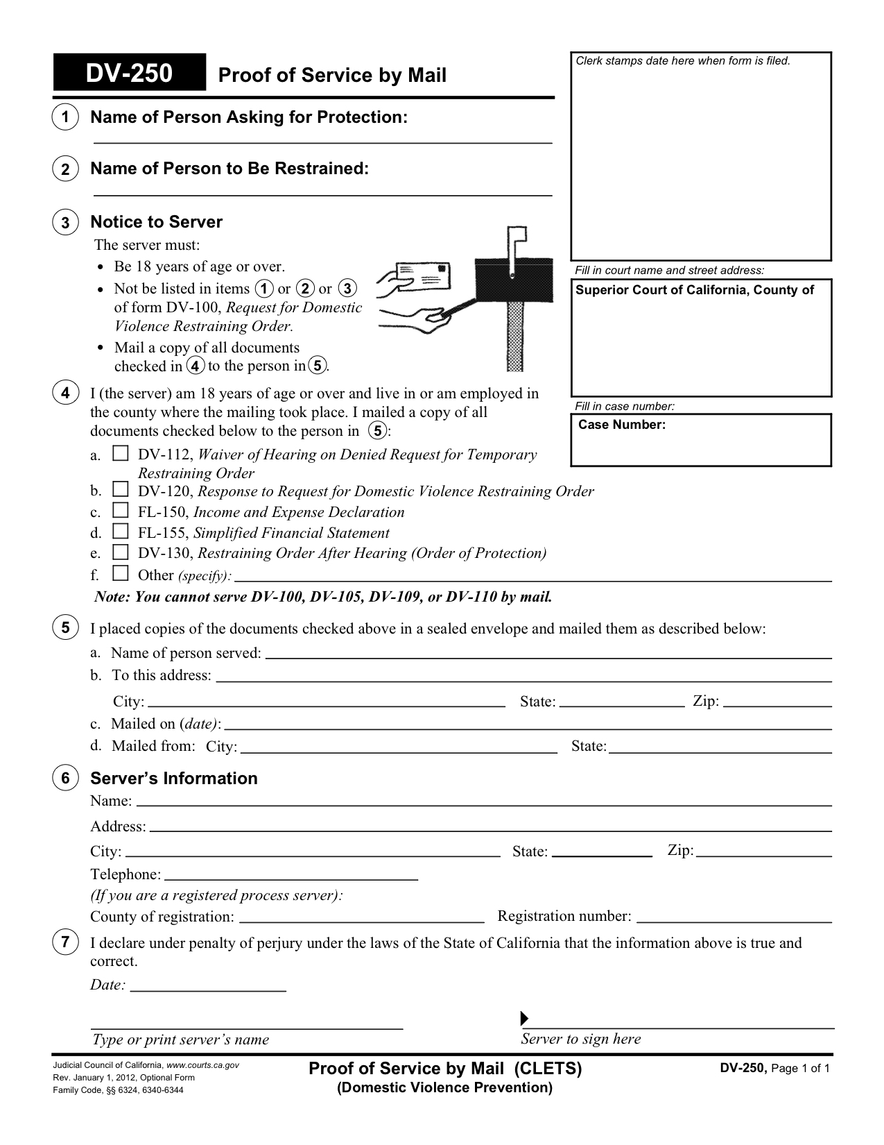 DV 250 Proof Of Service By Mail Fillable Judicial Council Form Calif