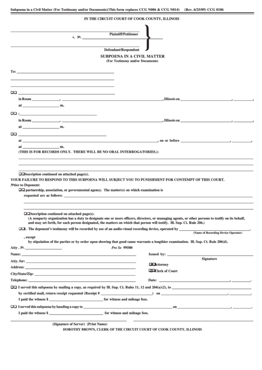 Fillable Ccg 0106 Subpoena In A Civil Matter Form The Circuit Court