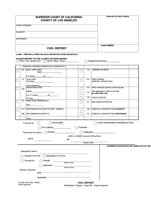 Fillable Civil Deposit Superior Court Of California County Of Los