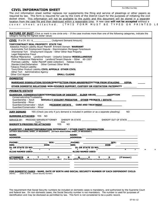 Fillable Civil Information Sheet Kansas Printable Pdf Download