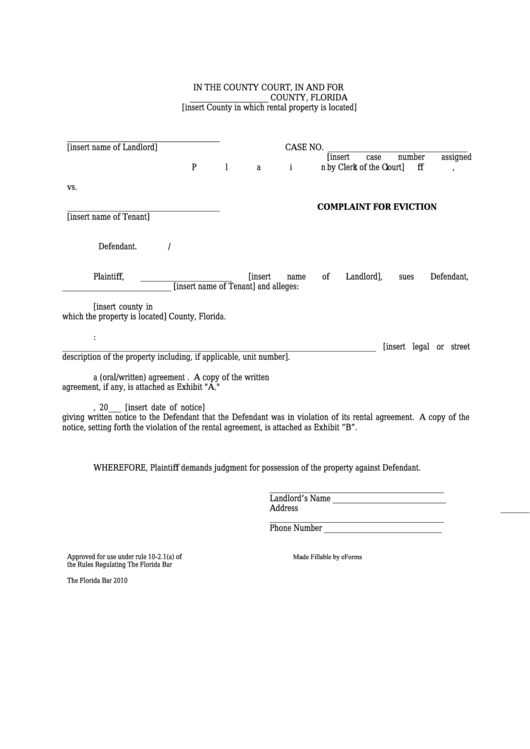 Fillable Complaint For Eviction Re Breach Florida County Court Form 