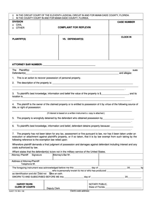 Fillable Complaint For Replevin Form Printable Pdf Download