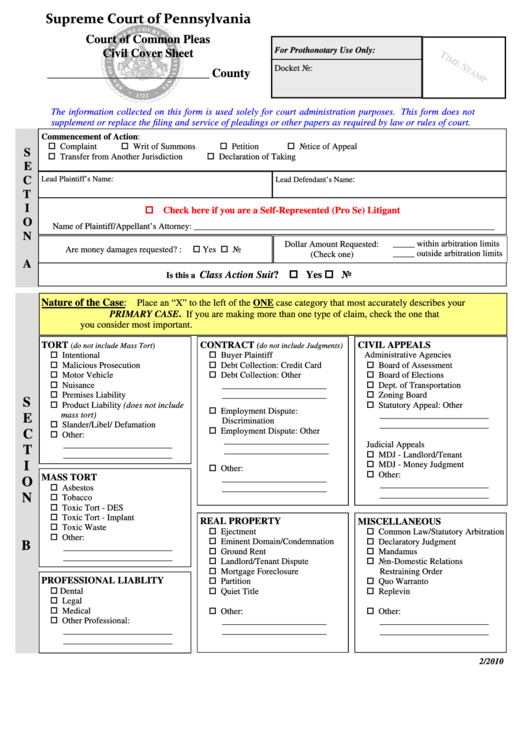 Fillable Court Of Common Pleas Civil Cover Sheet Pennsylvania