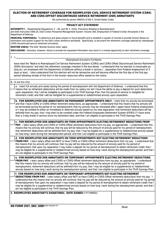 Fillable Dd Form 2937 Election Of Retirement Coverage For Reemployed