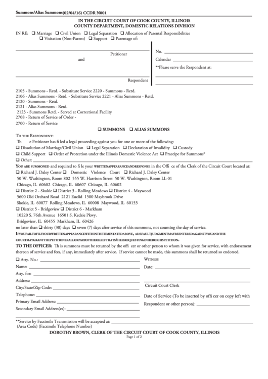 Fillable Form Ccdr N001 Summons alias Summons Printable Pdf Download