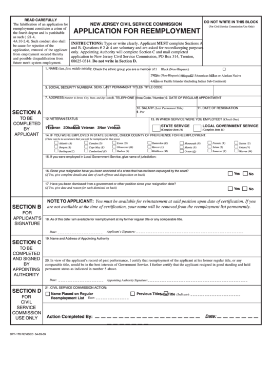 Fillable Form Dpf 178 Application For Reemployment New Jersey Civil 