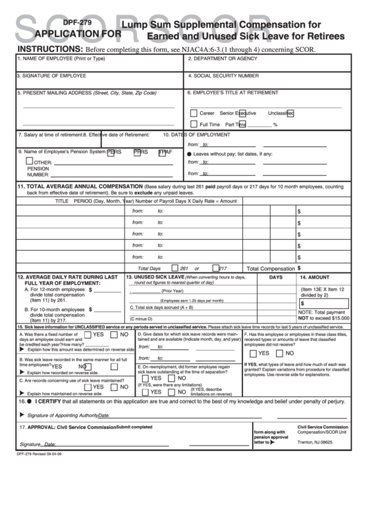 Fillable Form Dpf 279 Application For Lump Sum Supplemental