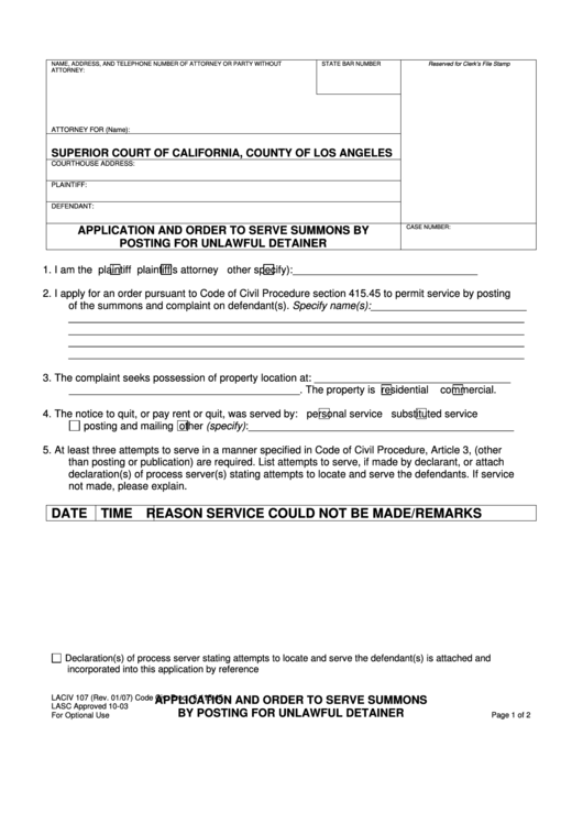 Fillable Form Laciv 107 Application And Order To Serve Summons By