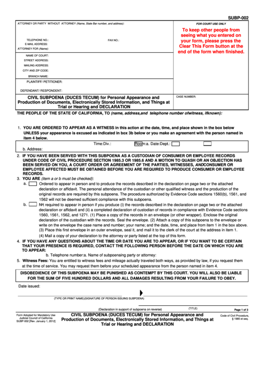 Fillable Form Subp 002 Civil Subpoena For Personal Appearance 