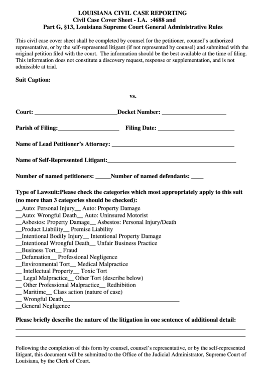 Fillable Louisiana Civil Case Reporting Form Printable Pdf Download