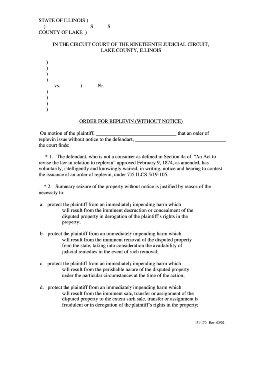 Fillable Order For Replevin Without Notice Form Lake County 