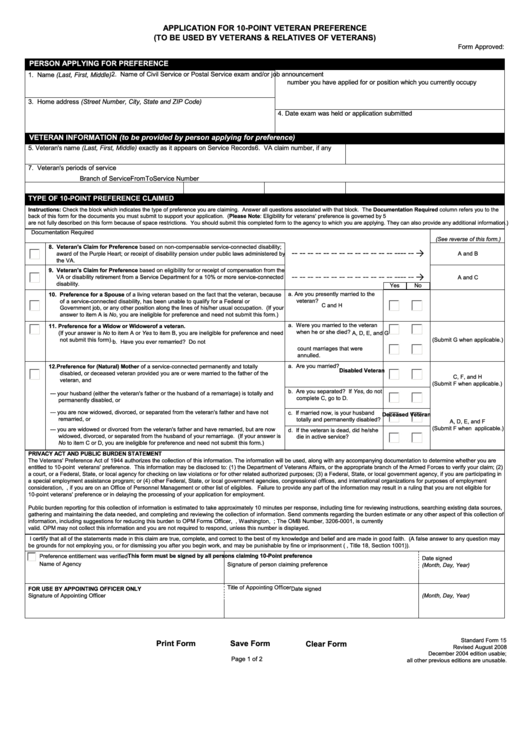 Fillable Standard Form 15 Application For 10 Point Veteran Preference 
