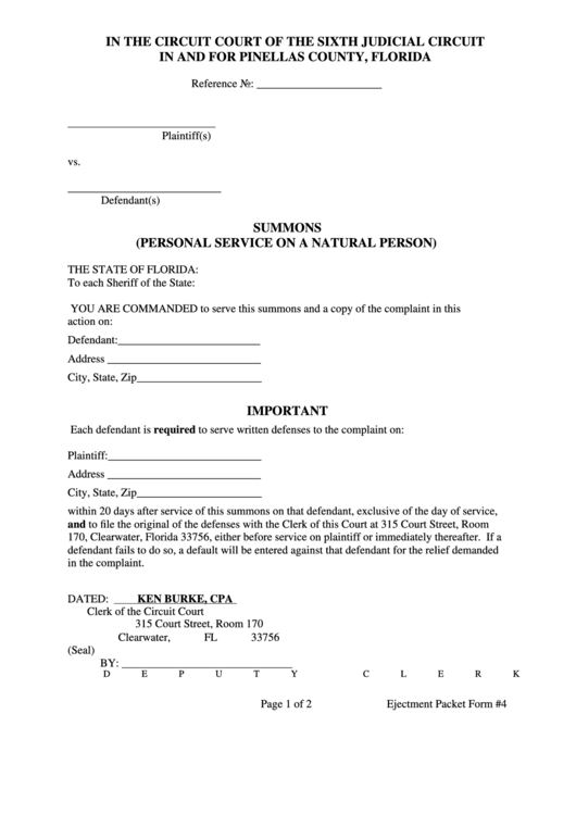 Fillable Summons Pinellas County Florida Printable Pdf Download