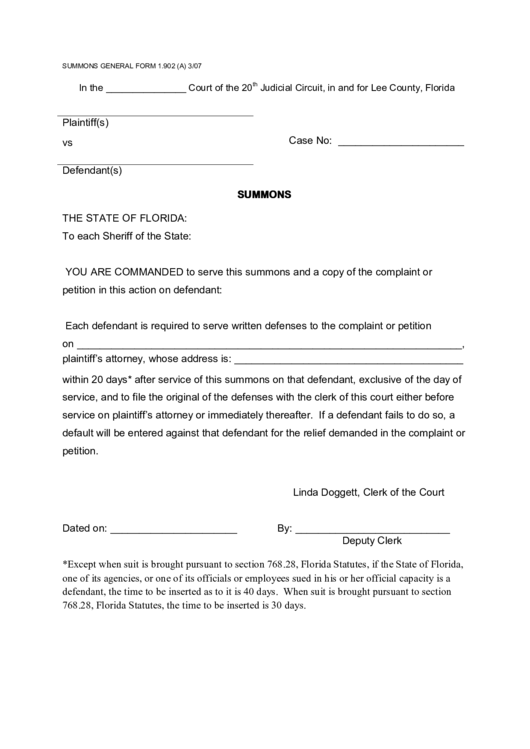 Fillable Summons The State Of Florida Printable Pdf Download