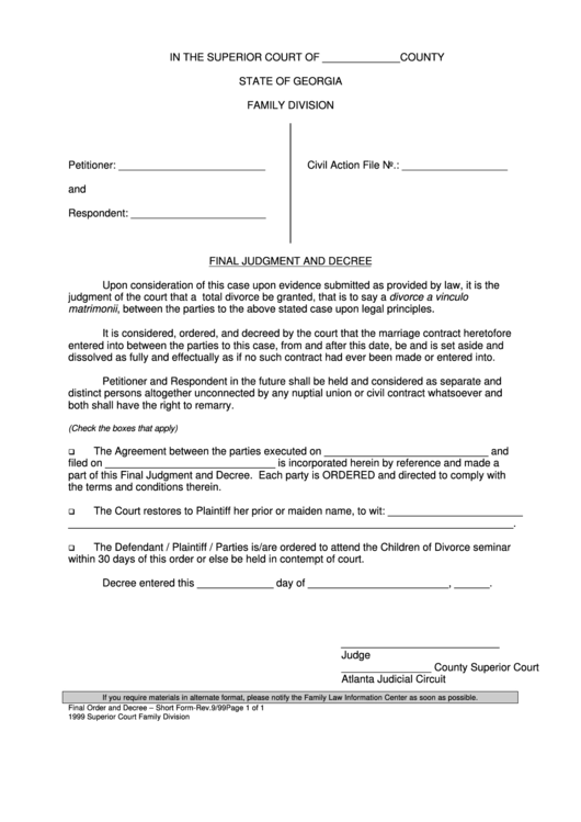 Final Judgment And Decree Short Form Printable Pdf Download