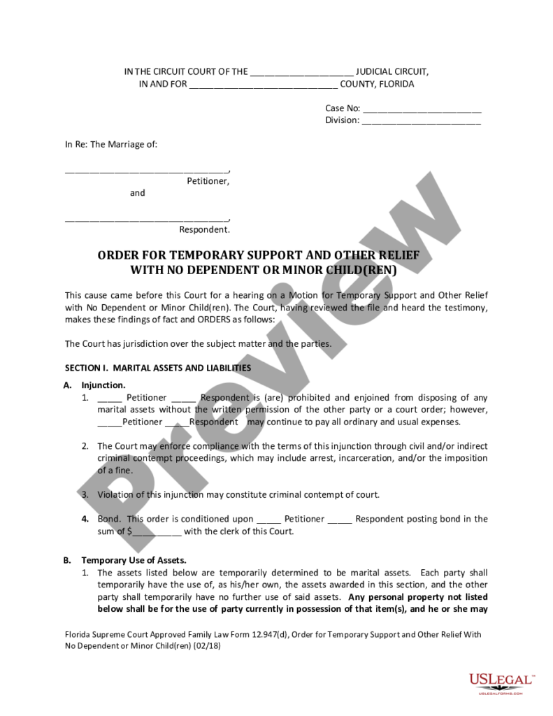 Florida Temporary Support Order With No Dependent Or Minor Children 