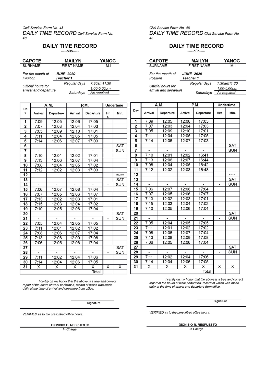 FORM 48 DTR Posted Civil Service Form No 48 DAILY TIME RECORD - Civil ...