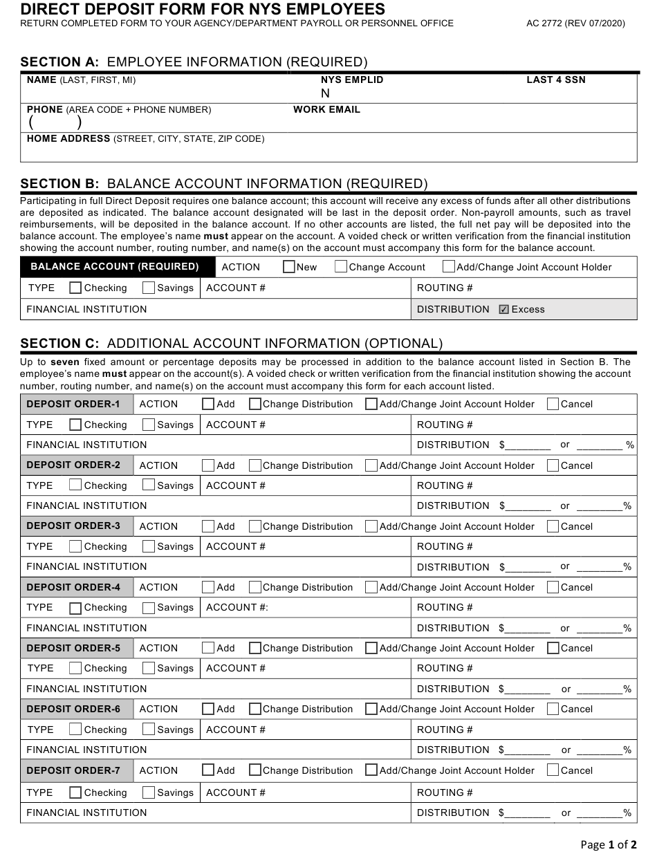 Form AC2772 Download Fillable PDF Or Fill Online Direct Deposit Form