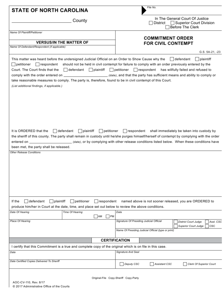 Form AOC CV 110 Download Fillable PDF Or Fill Online Commitment Order 