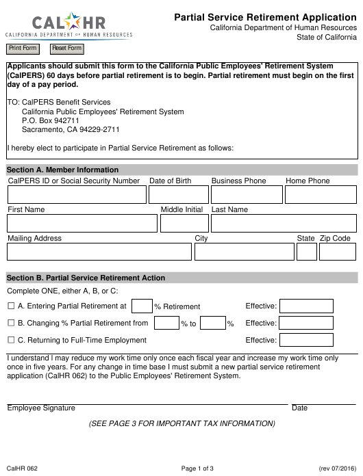 Form CALHR062 Download Fillable PDF Or Fill Online Partial Service