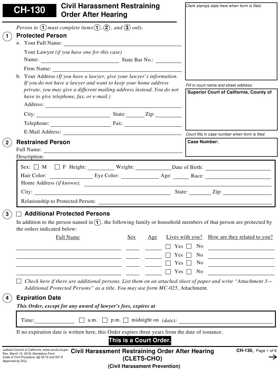 Form CH 130 Download Fillable PDF Or Fill Online Civil Harassment