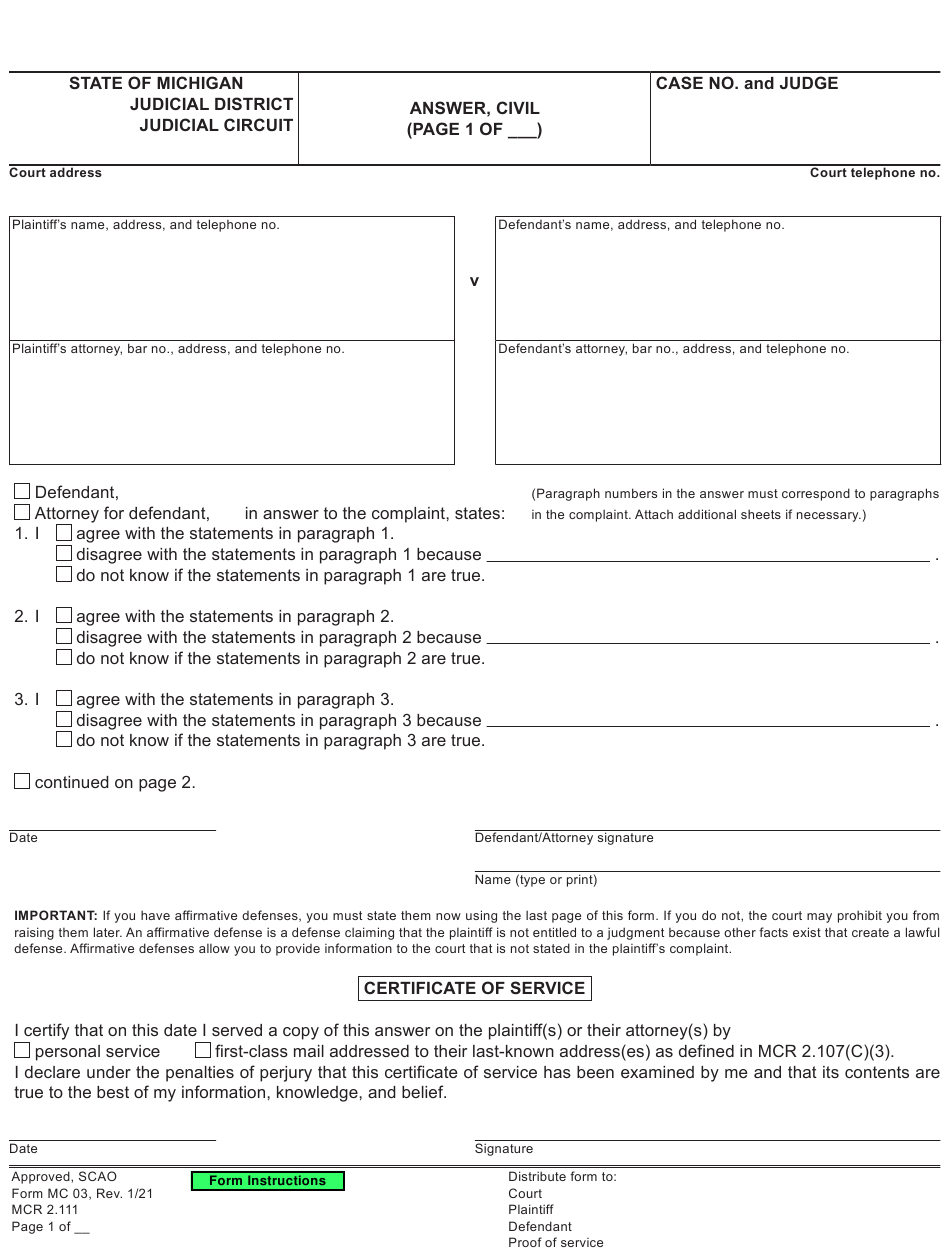 Form MC03 Download Fillable PDF Or Fill Online Answer Civil Michigan