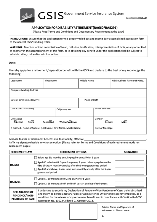 Form No 03102014 Adr Application For Disability Retirement Ra 660