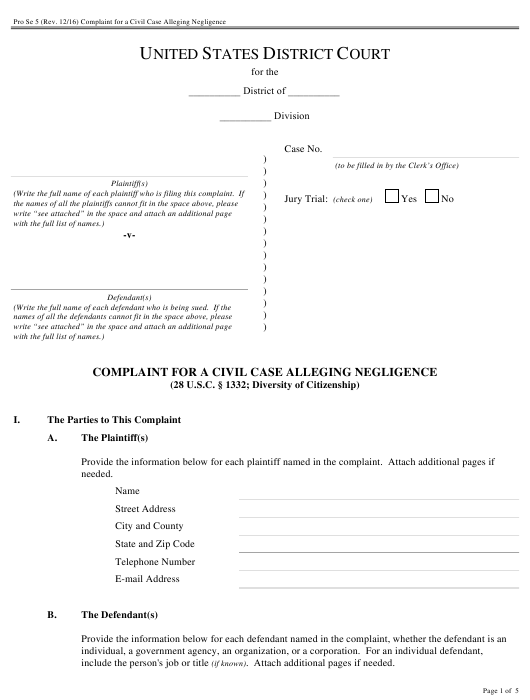Form Pro Se5 Download Fillable PDF Or Fill Online Complaint For A Civil
