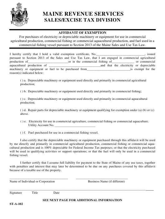 Form ST A 102 Download Printable PDF Affidavit Of Exemption Maine 