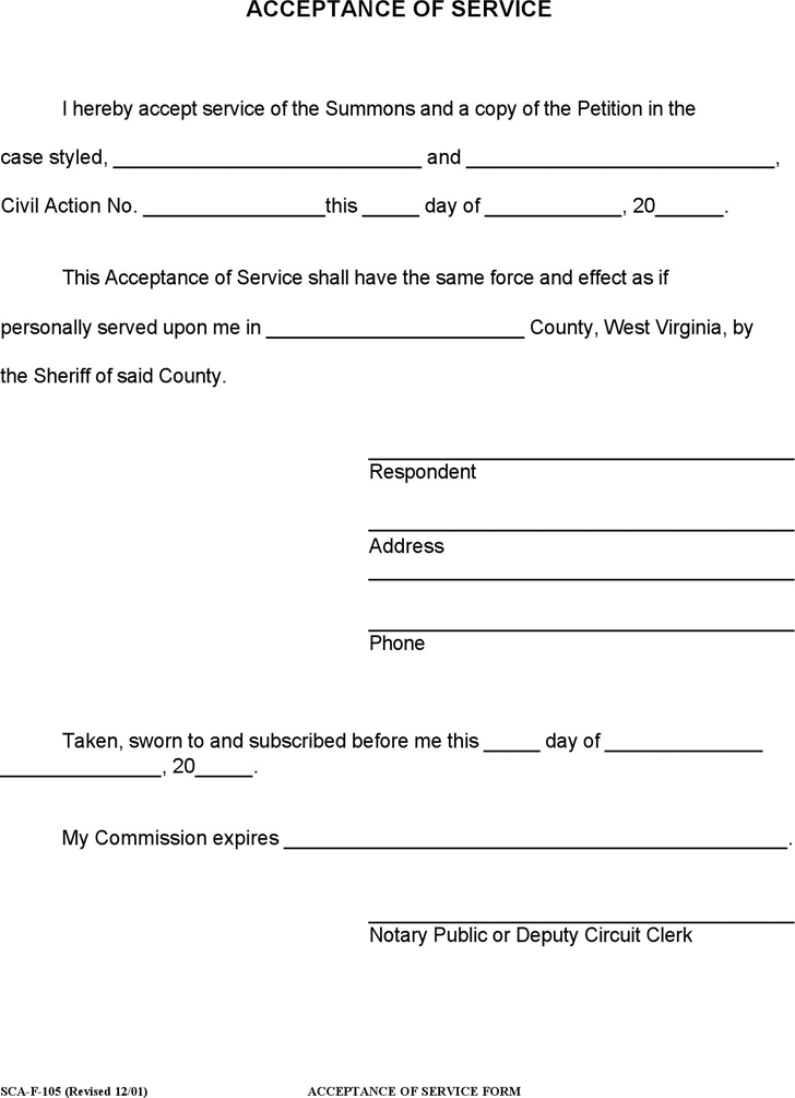 Free West Virginia Acceptance Of Service Form PDF 17KB 1 Page s