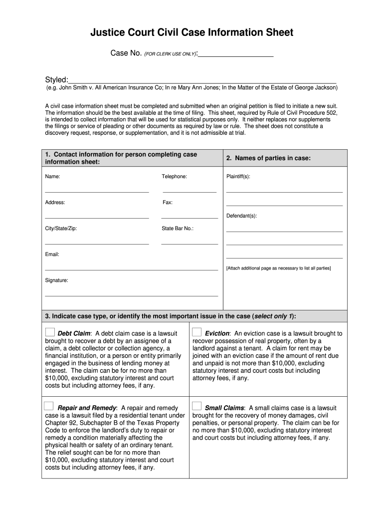 Justice Court Civil Information Sheet County Fill Online Printable 