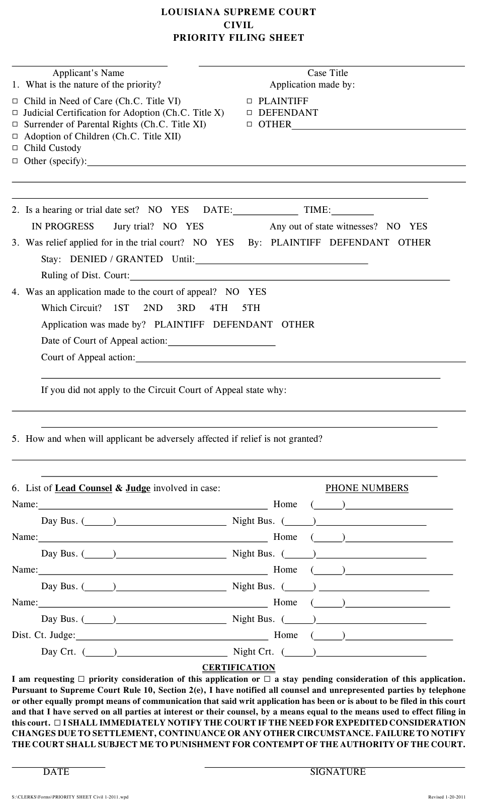 Louisiana Civil Priority Filing Sheet Download Printable PDF